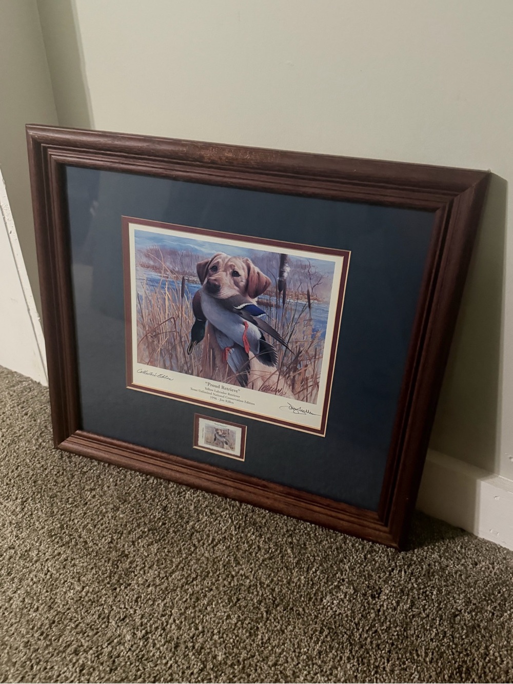 Framed Yellow Labrador Dog & Duck Stamp Print in Dark Brown Frame - Home Accent